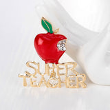 Fashion Exquisite Red Apple Rhinestone SUPER TEACHER Brooch Pins For Christmas Eve Women &amp; Girls Wedding Jewelry Christmas Gift