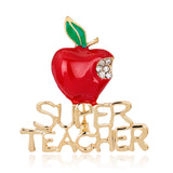 Fashion Exquisite Red Apple Rhinestone SUPER TEACHER Brooch Pins For Christmas Eve Women &amp; Girls Wedding Jewelry Christmas Gift
