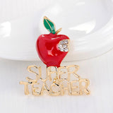 Fashion Exquisite Red Apple Rhinestone SUPER TEACHER Brooch Pins For Christmas Eve Women &amp; Girls Wedding Jewelry Christmas Gift