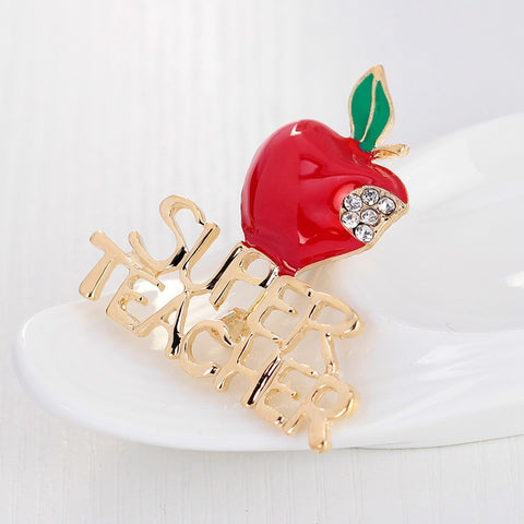 Fashion Exquisite Red Apple Rhinestone SUPER TEACHER Brooch Pins For Christmas Eve Women &amp; Girls Wedding Jewelry Christmas Gift